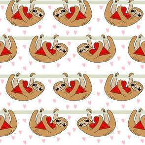 Sweet Valentines Sloth and Hearts Pattern Fabric - sloth fabric, valentines fabric, cute pink fabric, pink fabric, sweet valentines -white and red