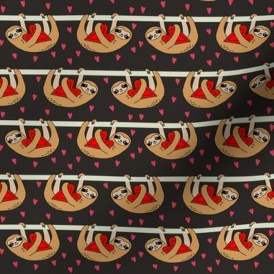 Sweet Valentines Sloth and Hearts Pattern Fabric - sloth fabric, valentines fabric, cute pink fabric, pink fabric, sweet valentines - black