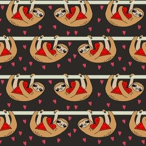 Sweet Valentines Sloth and Hearts Pattern Fabric - sloth fabric, valentines fabric, cute pink fabric, pink fabric, sweet valentines - black