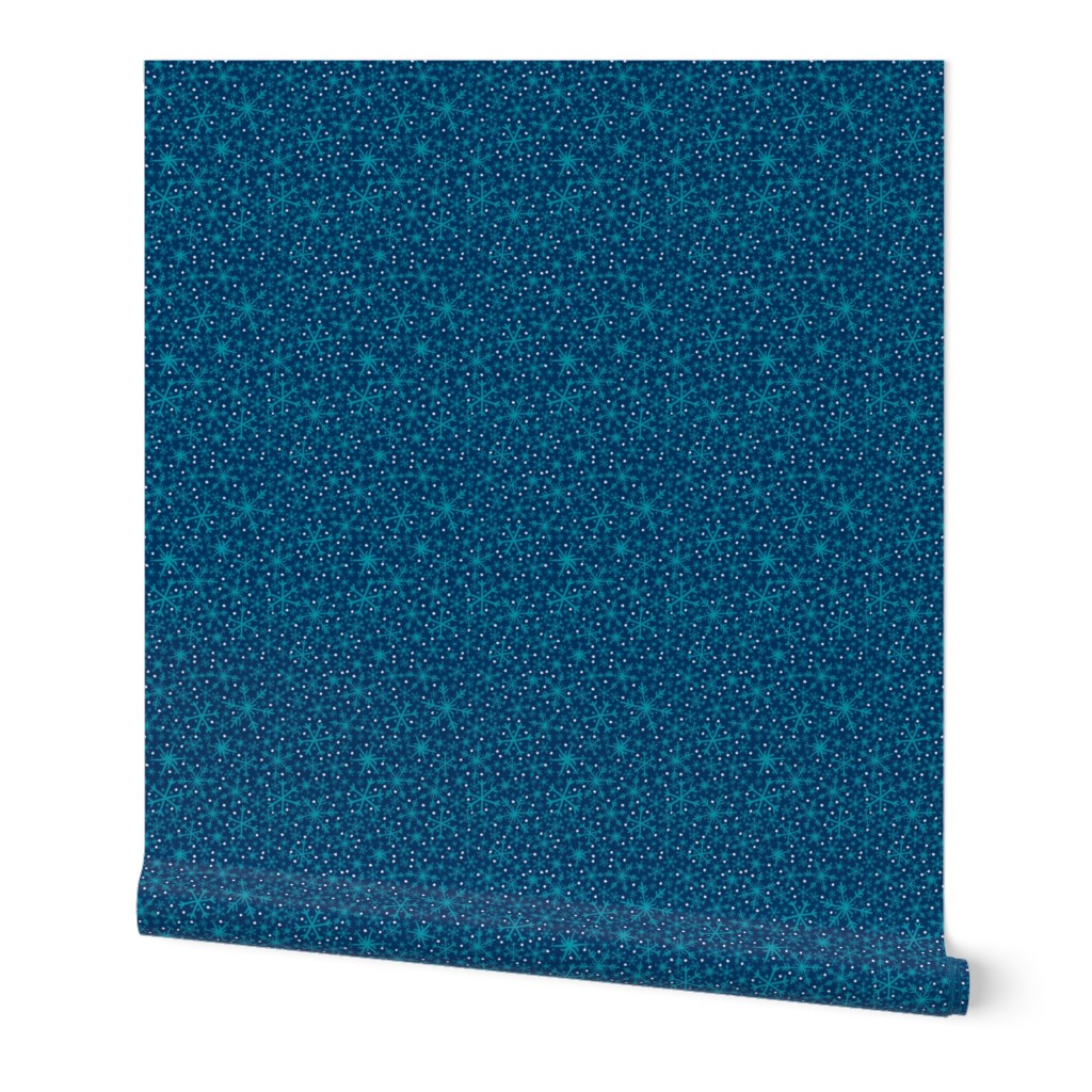 Midnight Snowflake + Flurry Texture Pattern in Turquoise, Indigo, & White // Hand Drawn Snowy Winter Weather Coordinate