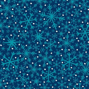 Midnight Snowflake + Flurry Texture Pattern in Turquoise, Indigo, & White // Hand Drawn Snowy Winter Weather Coordinate