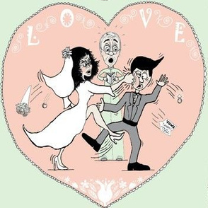 Love and Marriage cartoon, large scale, gray cream cucumber green peach pink