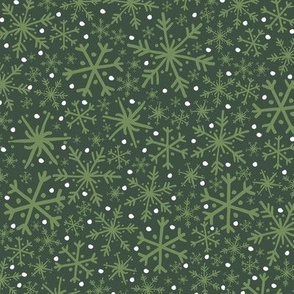 Midnight Snowflake + Flurry Texture Pattern in Forest Green, Leafy Green & White // Hand Drawn Snowy Winter Weather Coordinate