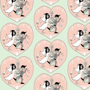 Love and Marriage cartoon, small scale, gray cream cucumber green peach pink