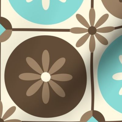 Mid Century Geometric Flower Circles in Turquoise, Brown, Cream