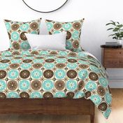 Mid Century Geometric Flower Circles in Turquoise, Brown, Cream