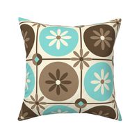 Mid Century Geometric Flower Circles in Turquoise, Brown, Cream