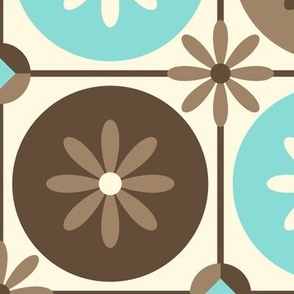 Mid Century Geometric Flower Circles in Turquoise, Brown, Cream