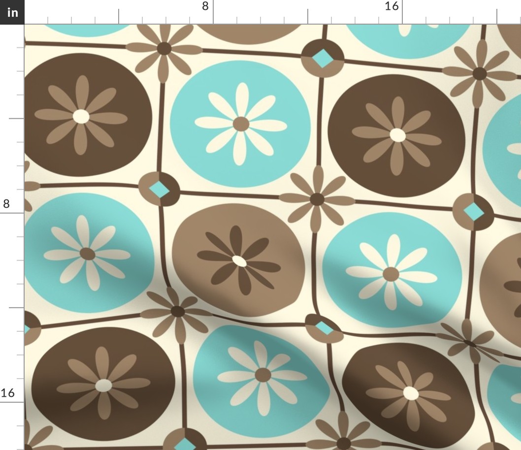 Mid Century Geometric Flower Circles in Turquoise, Brown, Cream