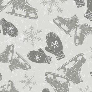 Vintage Ice Skates + Warm Woolen Mittens in Warm Gray // Textured Ice Pond Background + Hand Drawn Snowflakes // Vintage Christmas