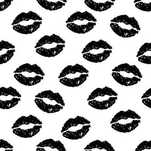 Girly Valentines Day Lipstick Kisses Pattern Fabric - kiss fabric, lipstick fabric,  makeup fabric, valentines day fabric, valentines fabric, girly fabric -  black and white