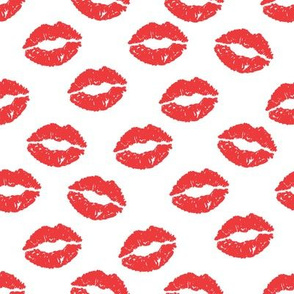 Girly Valentines Day Lipstick Kisses Pattern Fabric - kiss fabric, lipstick fabric,  makeup fabric, valentines day fabric, valentines fabric, girly fabric -  red