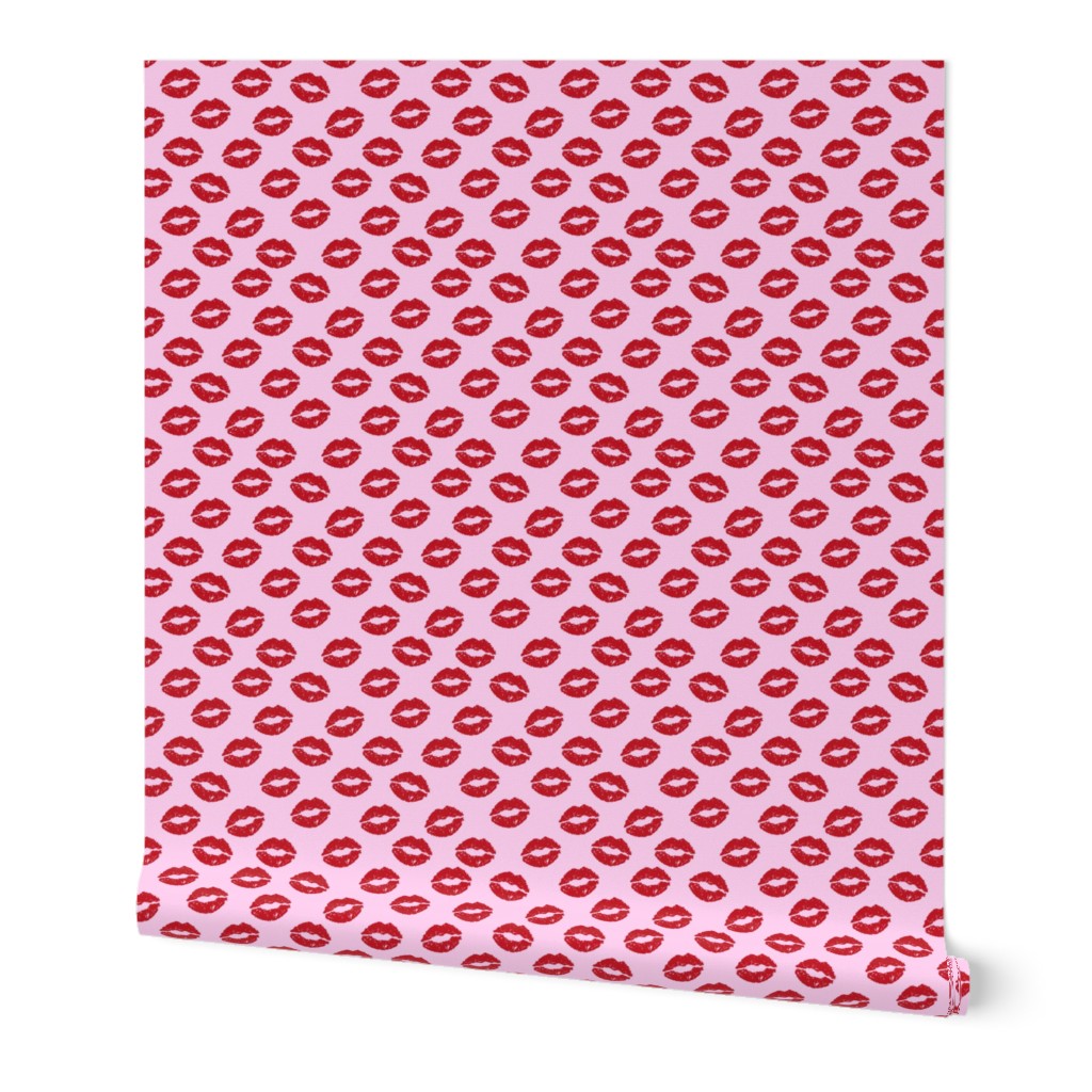 Girly Valentines Day Lipstick Kisses Pattern Fabric - kiss fabric, lipstick fabric,  makeup fabric, valentines day fabric, valentines fabric, girly fabric -  pastel pink and cherry red