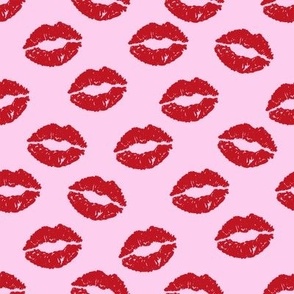 Girly Valentines Day Lipstick Kisses Pattern Fabric - kiss fabric, lipstick fabric,  makeup fabric, valentines day fabric, valentines fabric, girly fabric -  pastel pink and cherry red