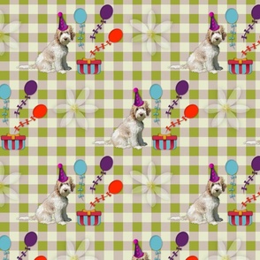 Whimsical Dog Lovers Gingham Check Pattern, Kids Fun Pet Party Picnic Fabric with Colorful Balloons, Presents, and Flowers