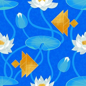 Tangram goldfish and water lilies in blue