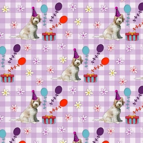 Whimsical Labradoodle Dog Lovers Gingham Pattern, Kids Fun Pet Party Picnic Fabric with Colorful Balloons, Presents, and Flowers