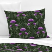 Scottish Purple Thistle Royal Green Floral Damask, Amethyst Thistles Vintage Wildflower Floral Damask Moss Green Floral Texture, Scottish Thistle Arts and Crafts Damask, Purple Thistle Green Leaves Floral Design, Modern Scottish Thistle Art Illustration, 