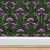 Scottish Purple Thistle Royal Green Floral Damask, Amethyst Thistles Vintage Wildflower Floral Damask Moss Green Floral Texture, Scottish Thistle Arts and Crafts Damask, Purple Thistle Green Leaves Floral Design, Modern Scottish Thistle Art Illustration, 