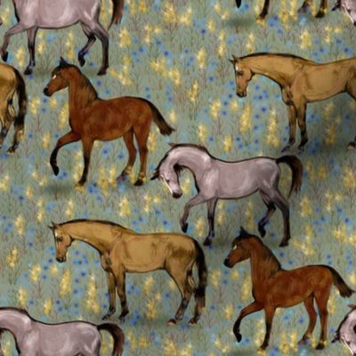 Elegant Horses in Fairy Field in Blue and Gold