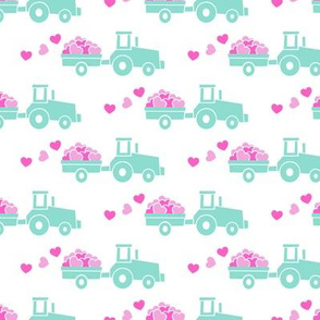 Tractors with hearts - valentines - teal and pink