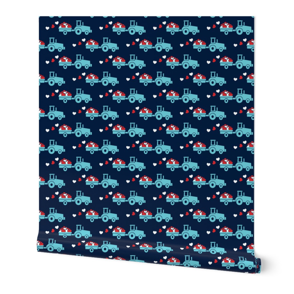 Tractors with hearts - valentines - blue on navy