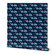 Tractors with hearts - valentines - blue on navy