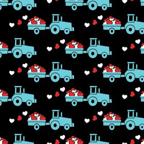 Tractors with hearts - valentines - blue on black