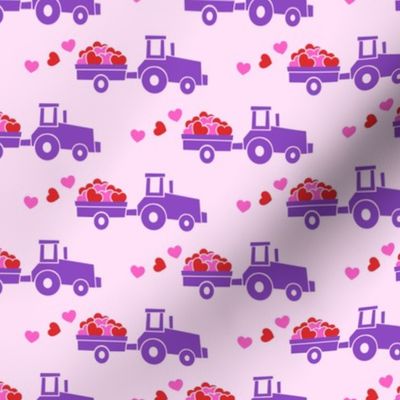 Tractors with hearts - valentines - purple on pink