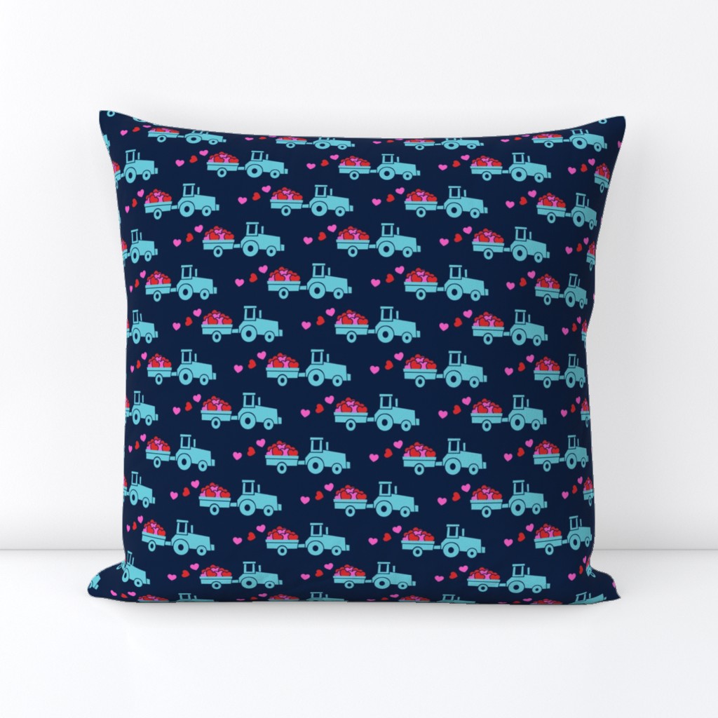 Tractors with hearts - valentines - blue on navy (pink and red)