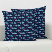 Tractors with hearts - valentines - blue on navy (pink and red)