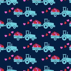 Tractors with hearts - valentines - blue on navy (pink and red)