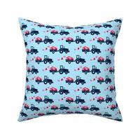 Tractors with hearts - valentines - navy on blue (pink and red)