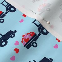 Tractors with hearts - valentines - navy on blue (pink and red)