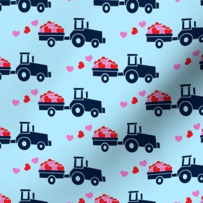 Tractors with hearts - valentines - navy on blue (pink and red)