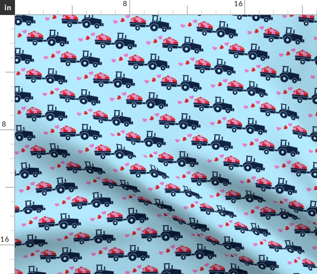 Tractors with hearts - valentines - navy on blue (pink and red)