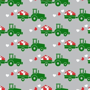 Tractors with hearts - valentines - green on grey