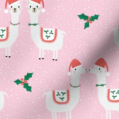 Cute Christmas Llama Couple with holly and snow on pink