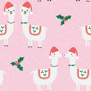 Cute Christmas Llama Couple with holly and snow on pink