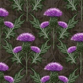 Scotland Purple Thistles Dark Brown Floral Textured Background | Bright Magenta Scotland Thistle Flower Scottish Symbol | Brown Maximalism Botanical Night Mystic Victorian