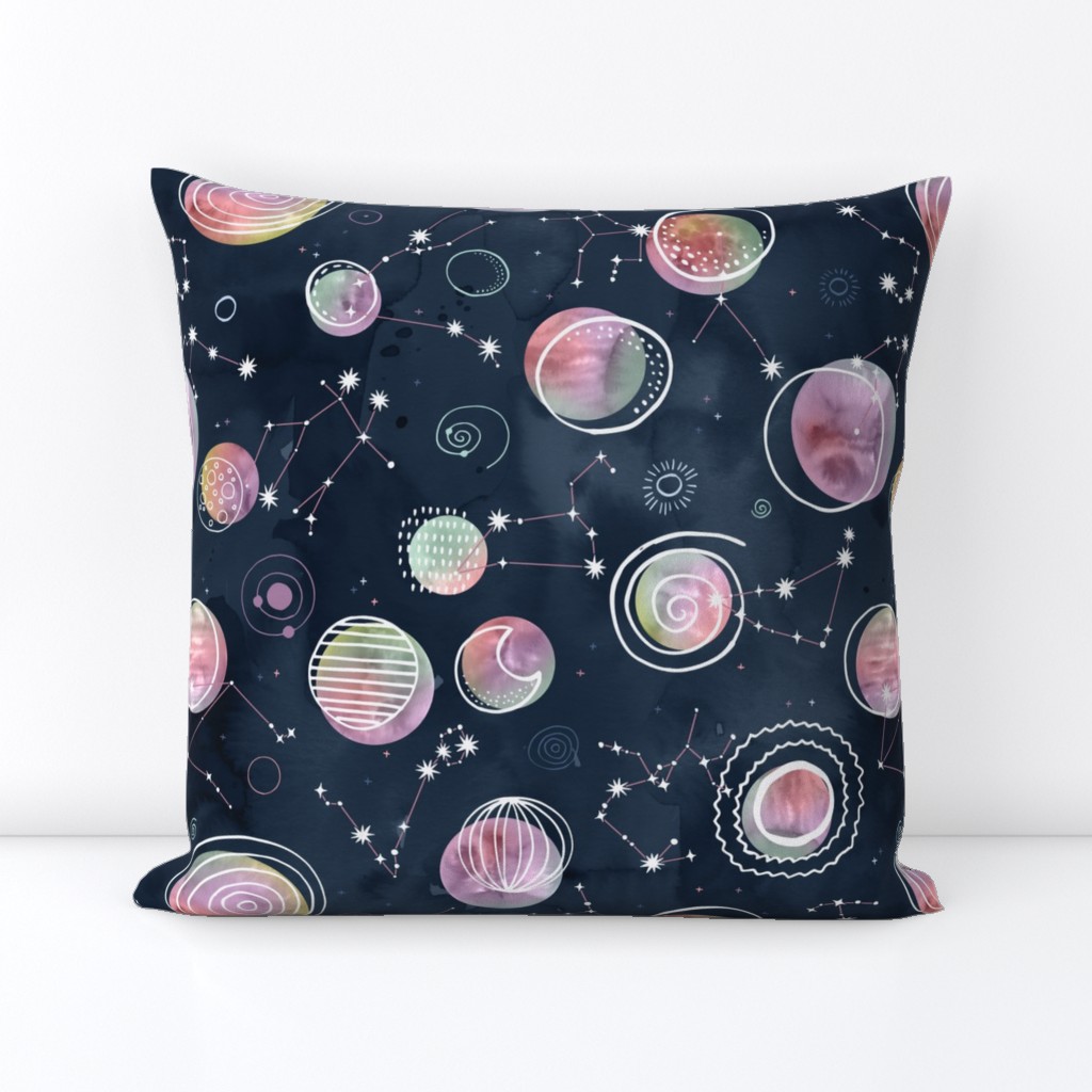 Cosmic Harmony - Watercolor Planets and Constellations