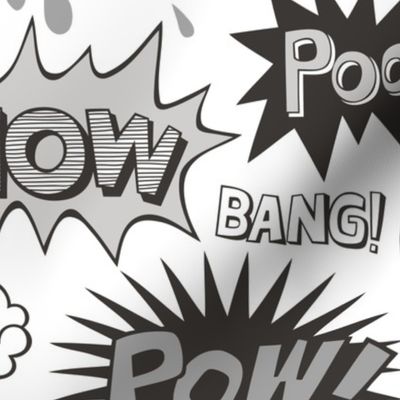 Superhero Comic Pop art Speech Bubbles Words Black & White Grey Larger 7,5 inch