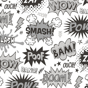 Superhero Comic Pop art Speech Bubbles Words Black & White Grey Larger 7,5 inch