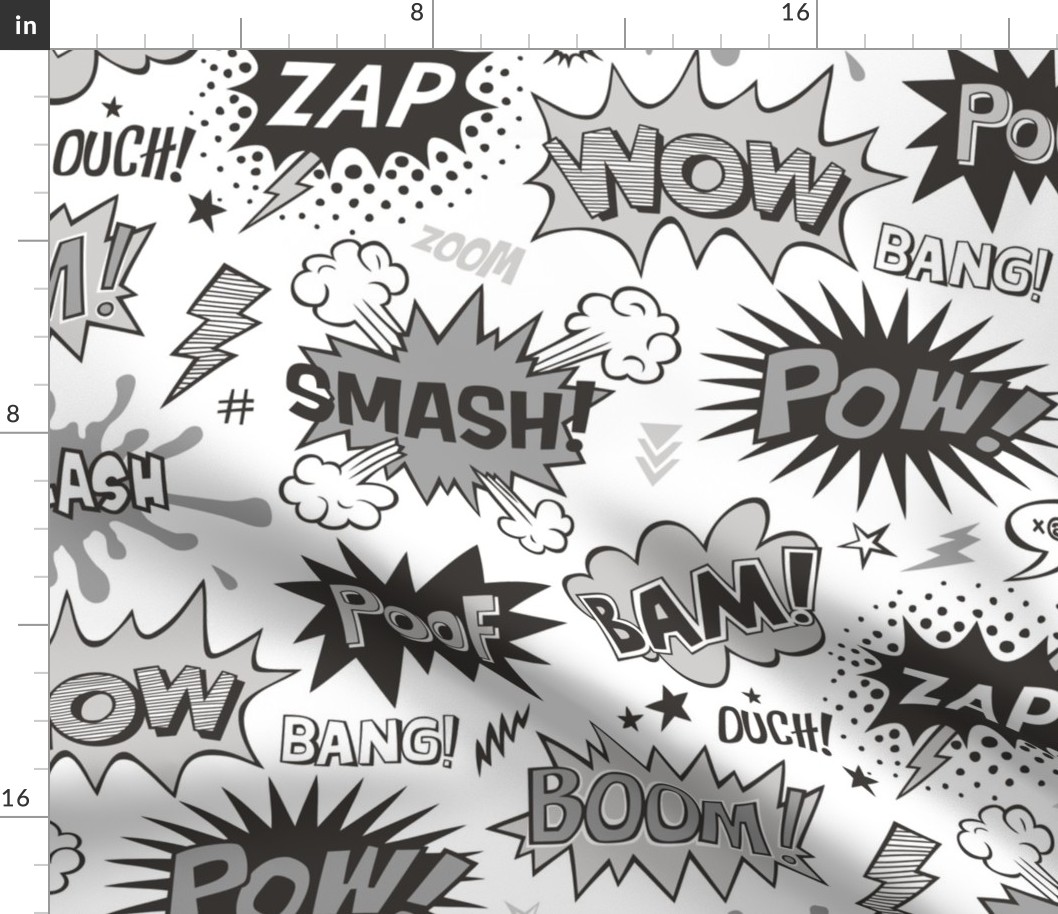 Superhero Comic Pop art Speech Bubbles Words Black & White Grey Larger 7,5 inch