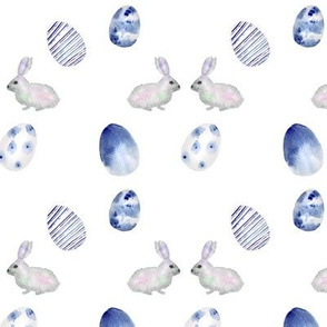 easter bunnies in blue || watercolor pattern with eggs