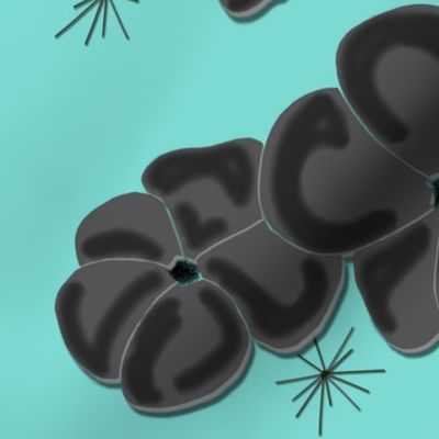 Black and Gray Painted Poppies on Aqua