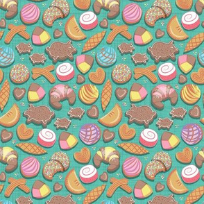 Tiny scale // Mexican Sweet Bakery Frenzy // teal background // pastel colors pan dulce