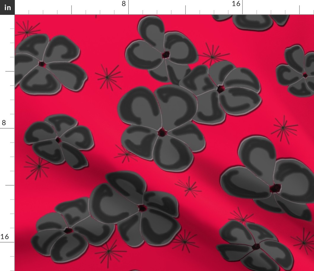 Black and Gray Painted Poppies on Red