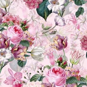 Nostalgic Pink Pierre-Joseph Redouté Springflowers And Roses, Tulips, Lilies, Hydrangea Antique Flowers Bouquets, vintage home decor,  English Roses Fabric on Blush Pink