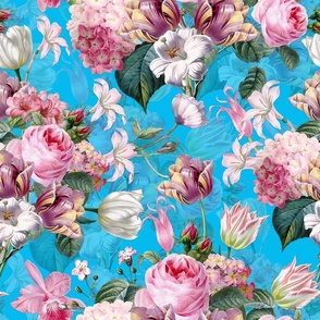 Nostalgic Pink Pierre-Joseph Redouté Springflowers Tulip Hydrangea And Roses, Antique Flowers Bouquets, vintage home decor,  English Roses Fabric on turquoise